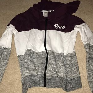 Maroon,white, and grey sweatshirt